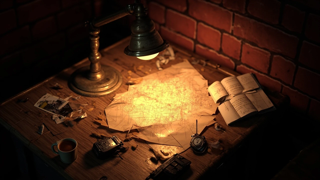 Crime 101 game heist planning scene on a dim office wall