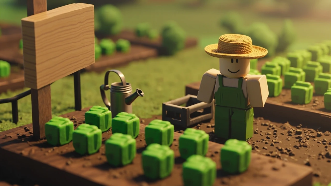A small in-game garden plot with a wooden sign, illustrating Garden Horizons Roblox codes redemption