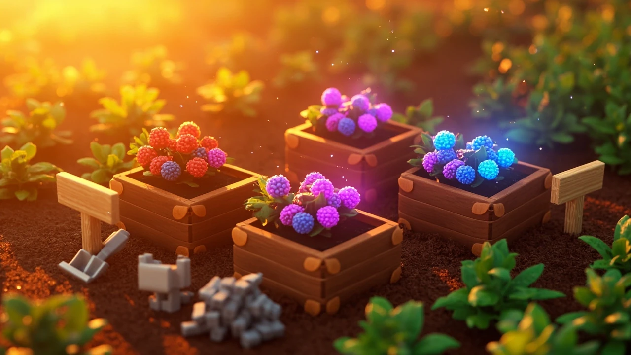 Berry plants grow a garden plot in Roblox with mutation glow