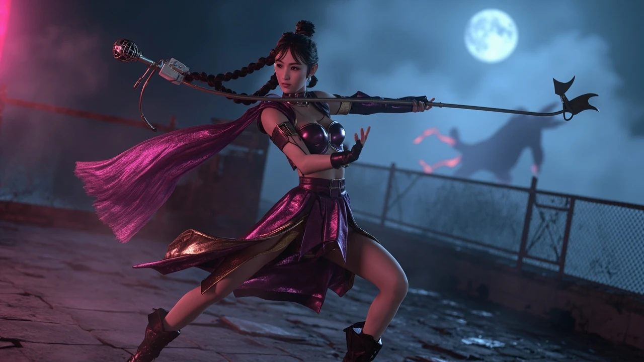 Rumi from KPop Demon Hunters holding a microphone-staff on a dark Seoul rooftop set