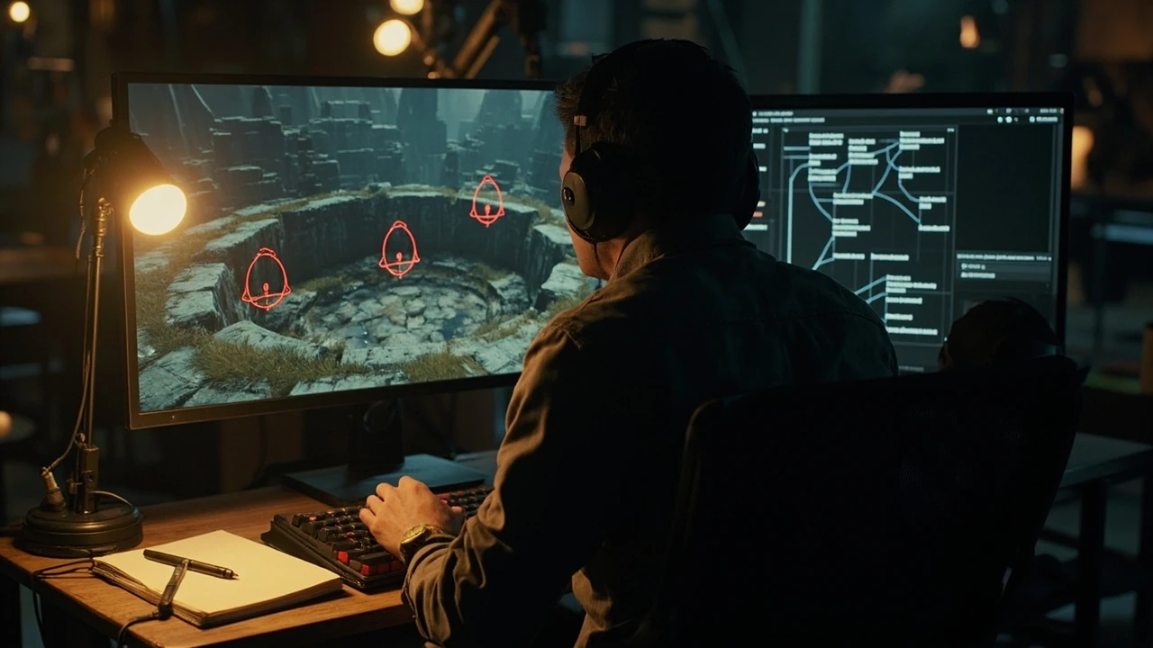 A editor at a workstation reviewing a restless weald code arena build