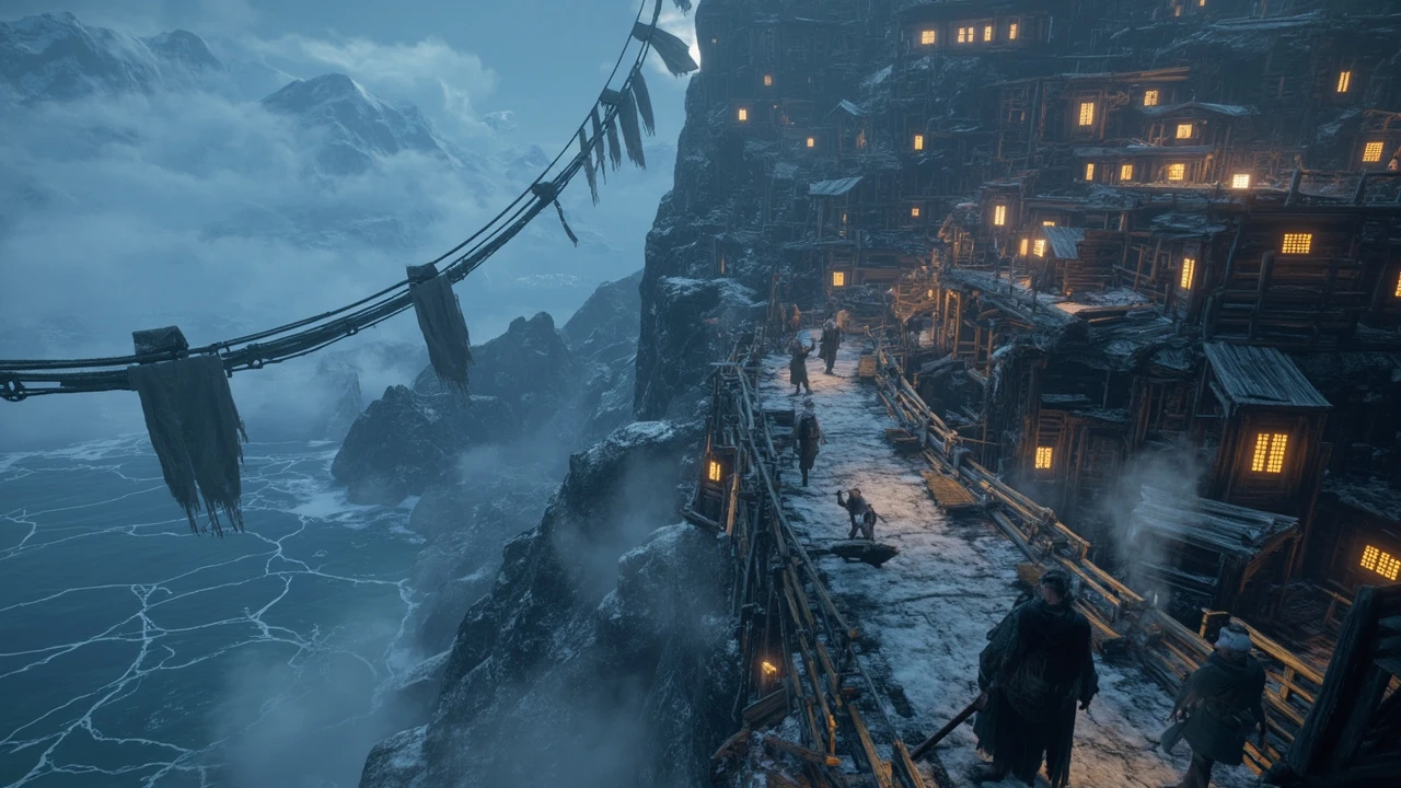 Bird-like Rito characters standing near the wooden structures of Rito Village above a snowy lake