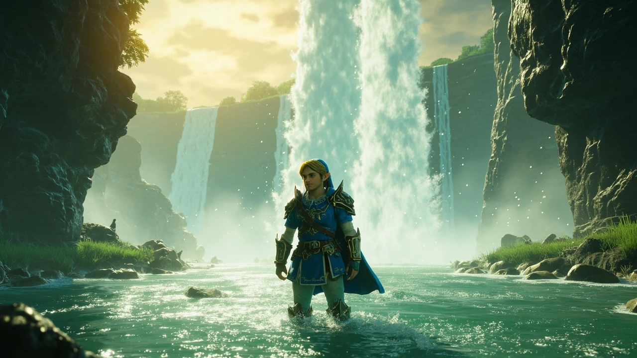Link wearing the Zora armor set from Tears of the Kingdom beside a waterfall