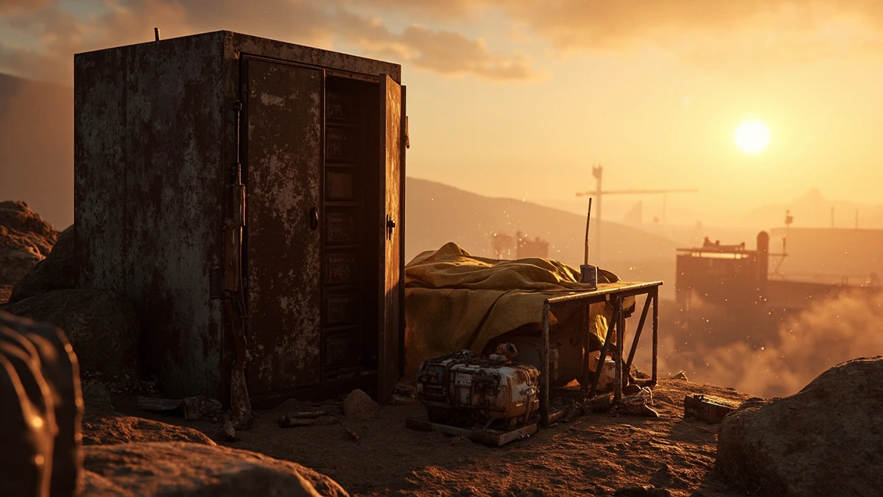 A field depot in ARC Raiders with stored loot on a rusty industrial platform