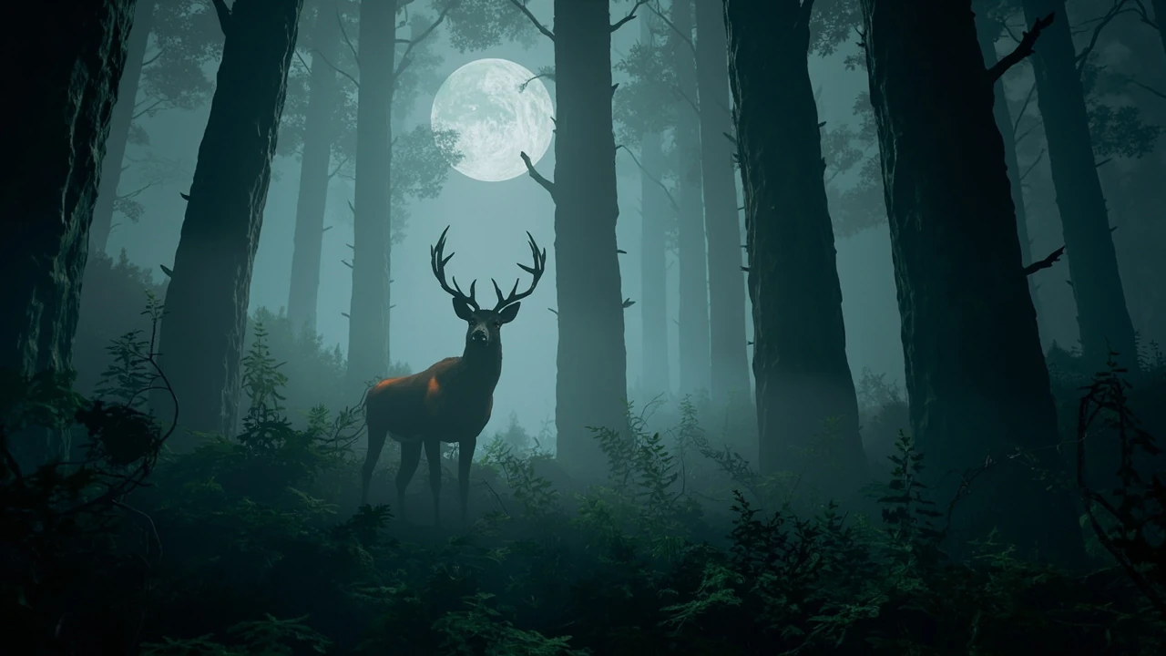 A lone deer in a dark pine forest at night for the 99 nights in the forest deer guide