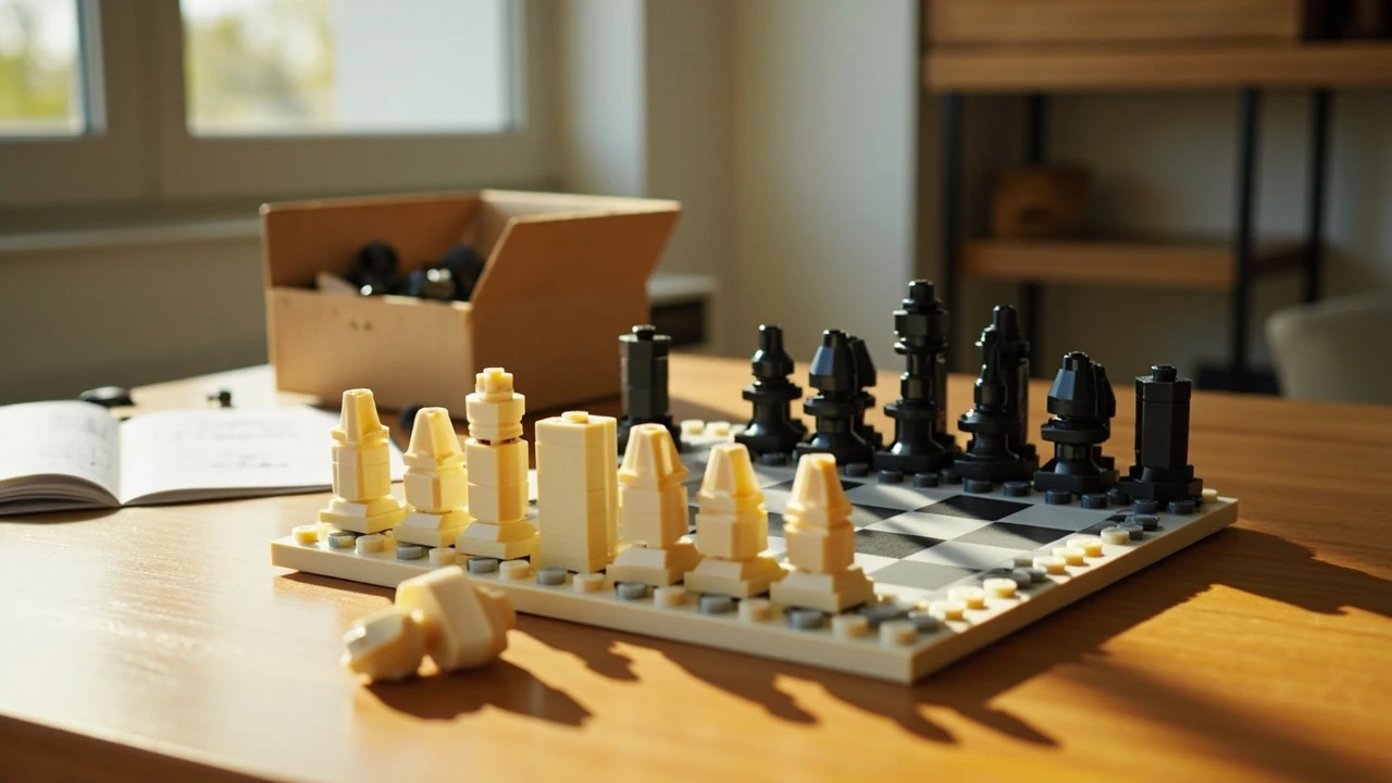 Completed Lego chess set on a wooden table ready for a two-player game
